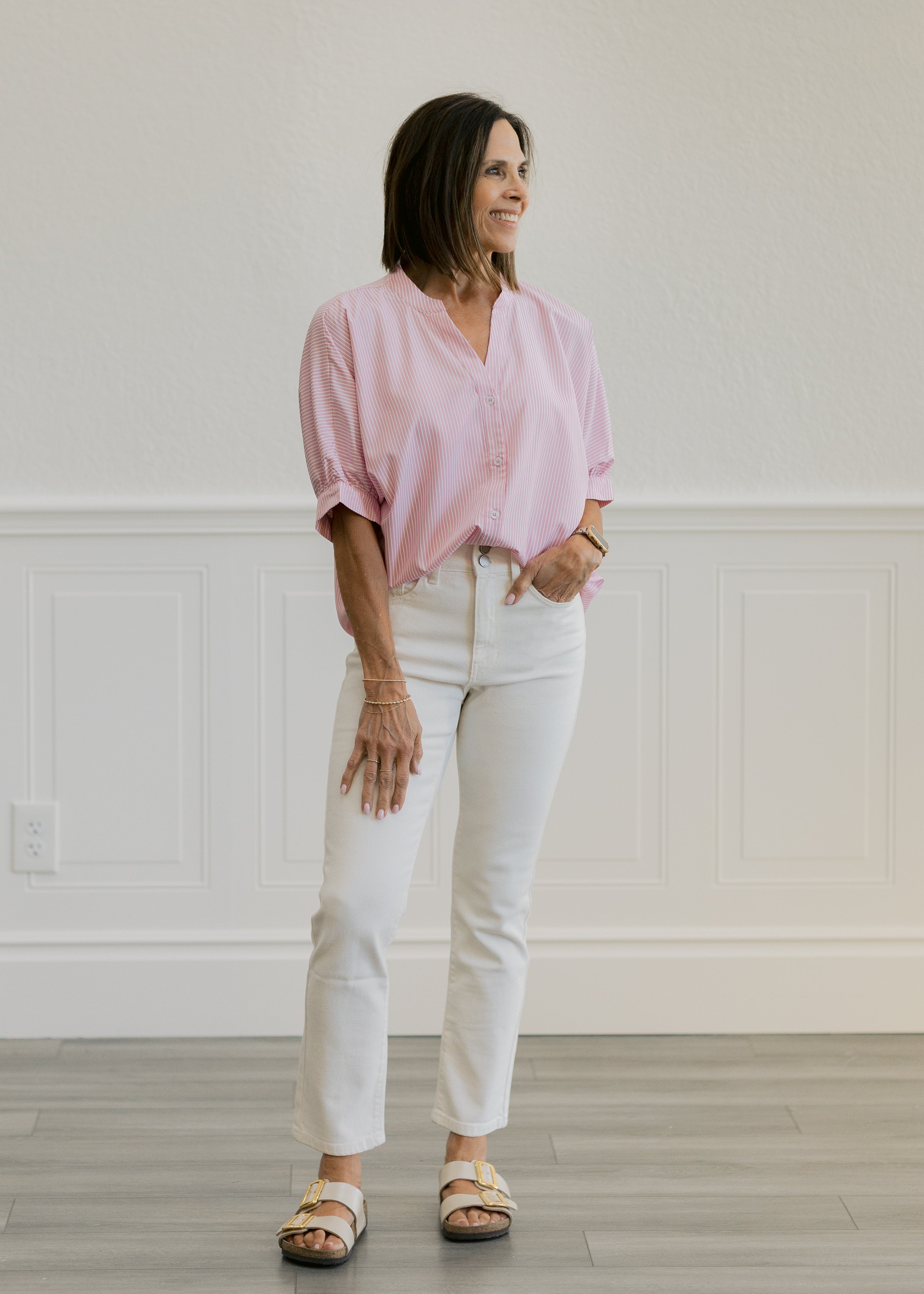 Double Button Straight Jeans in Off White