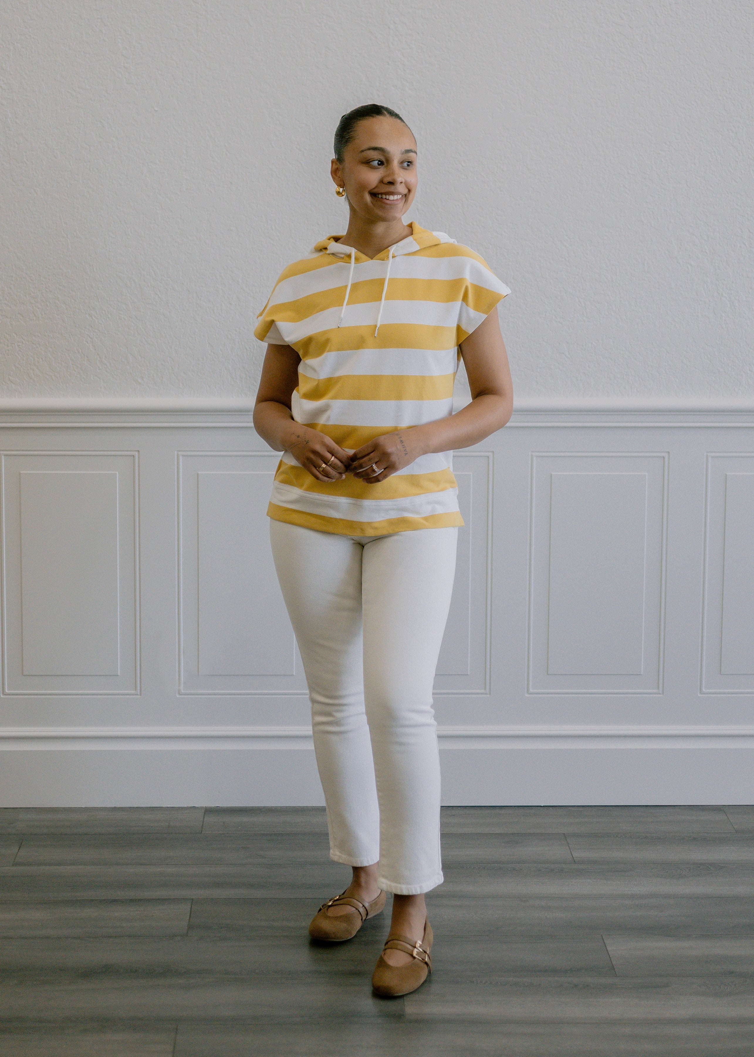 Double Button Straight Jeans in Off White