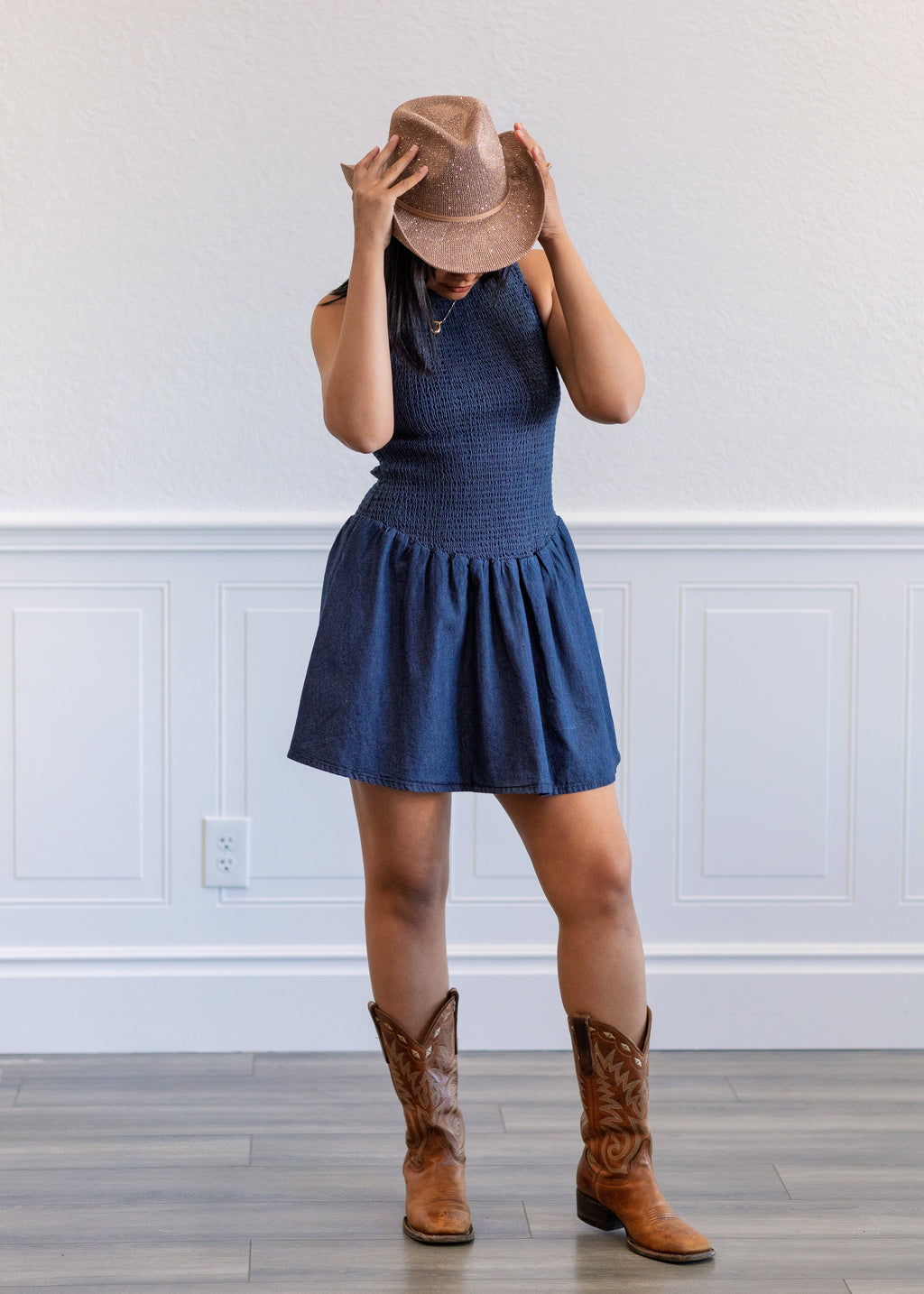 Smocked Bodice Denim Dress in Indigo